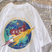 American retro short-sleeved planet healing T-shirt with bronzing print