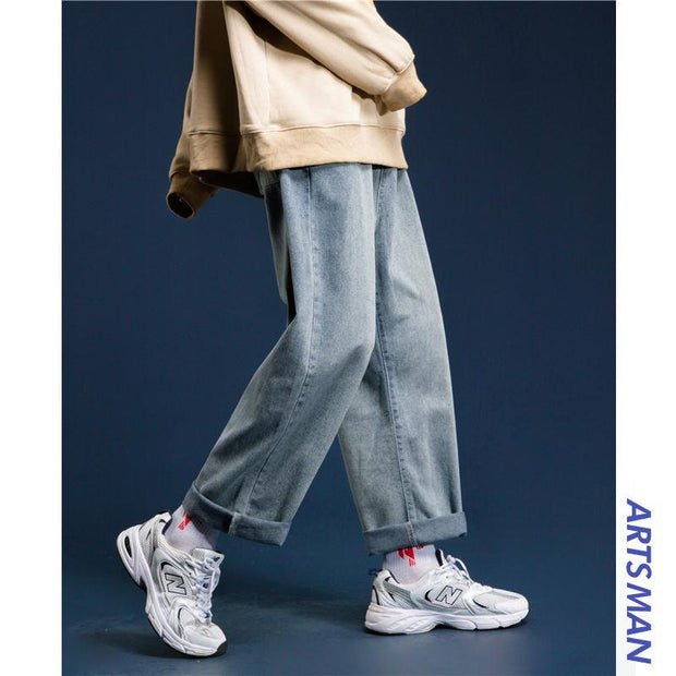 Wide-leg jeans men's straight loose ins pants trend wild retro drape mopping daddy trousers