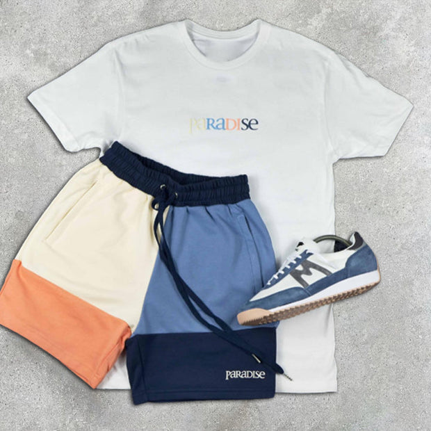 Graphic Print Colorblock Short Sleeve Two-Piece Shorts