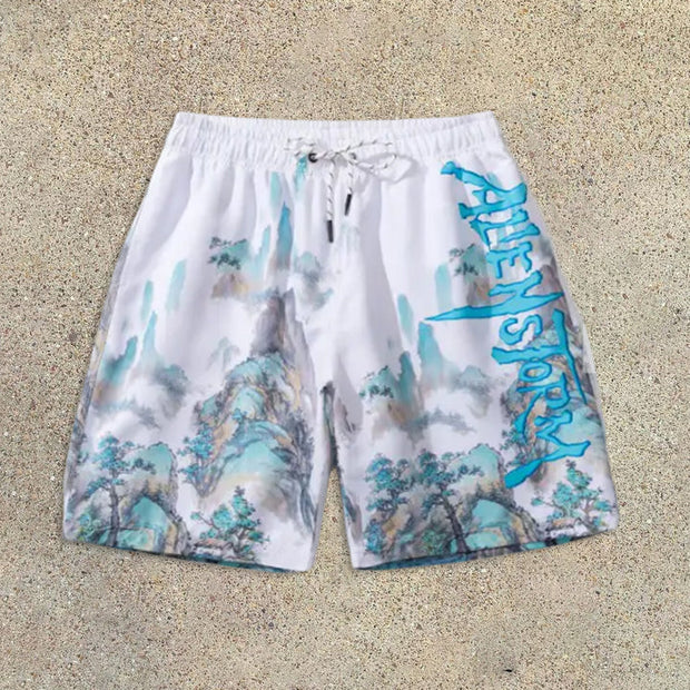 Scenic Graffiti Print Drawstring Shorts