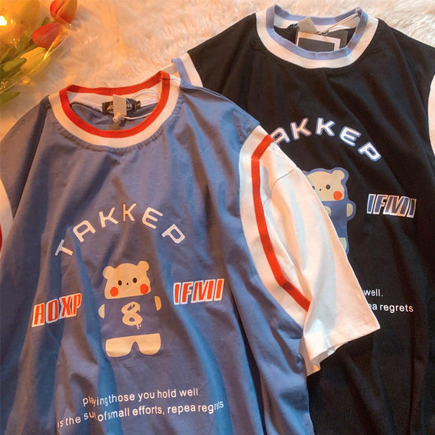 American retro cute bear fake two short-sleeved T-shirts