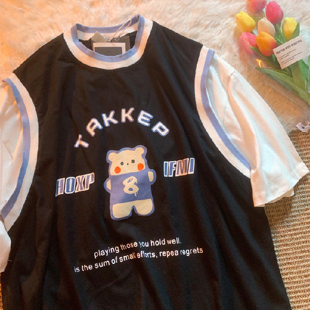 American retro cute bear fake two short-sleeved T-shirts