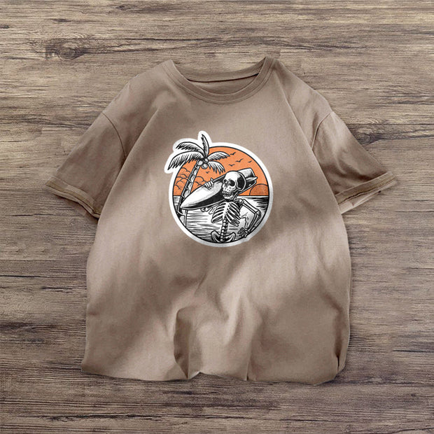 Skull coconut tree print short-sleeved T-shirt