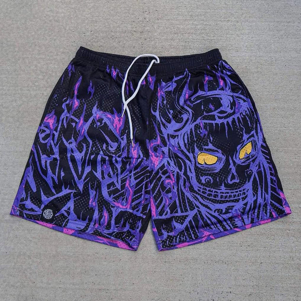 Anime Flame Print Mesh Drawstring Shorts