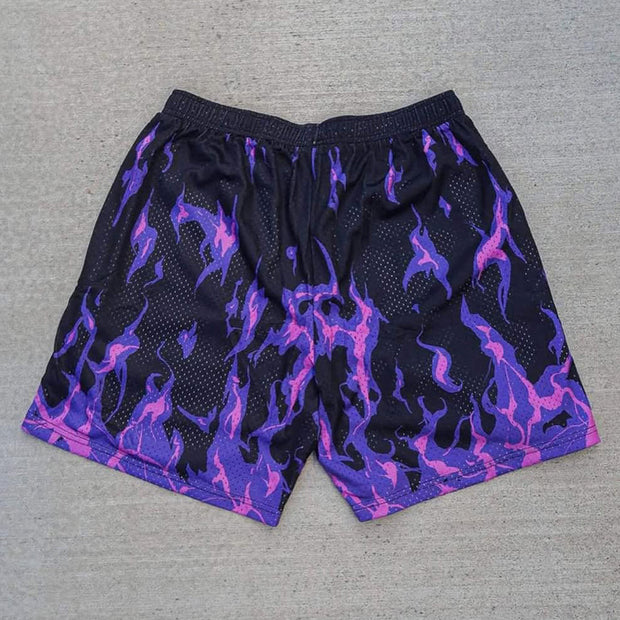 Anime Flame Print Mesh Drawstring Shorts