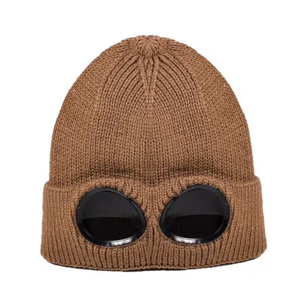 Windproof Plush Knit Hat With Sunglasses
