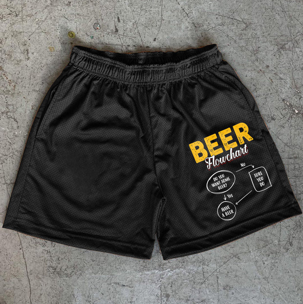 beer print statement mesh shorts