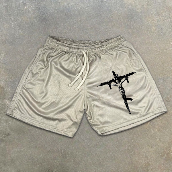 Jesus Cross Graphic Print Elastic Shorts