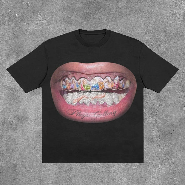 Personalized Mouth & Letter Print Short Sleeve T-Shirt