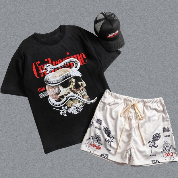 Short Sleeve Printed T-Shirt Drawstring Shorts Two-Piece Set