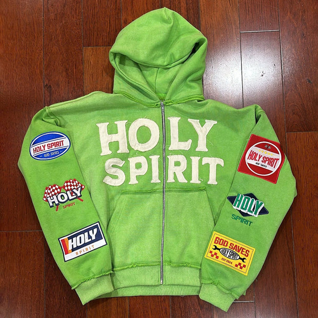 Holy Spirit Print Zipper Applique Embroidered Hoodies