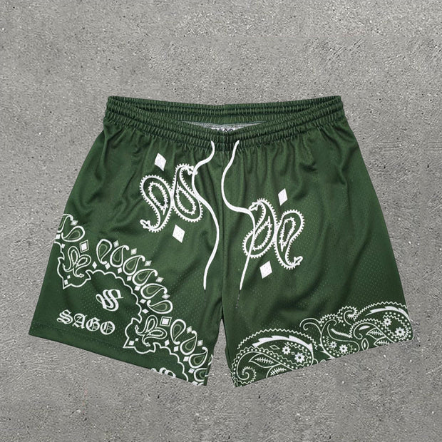 Casual Alphabet Paisley Print Mesh Shorts