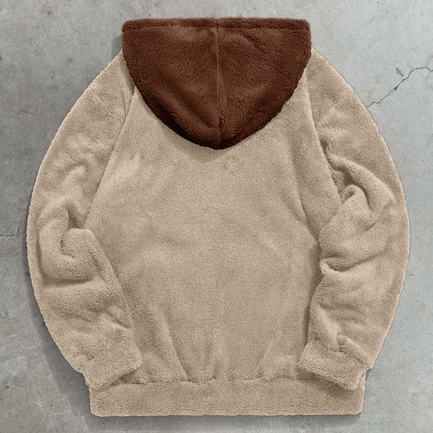 Vintage Color Block Bear Plush Hoodie