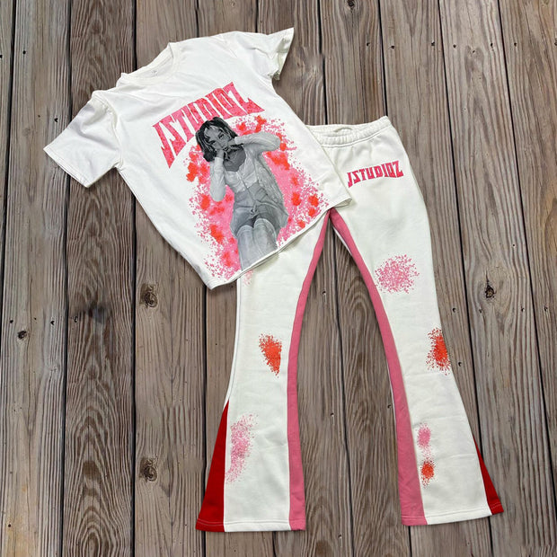 Fashion personalized print preppy style short-sleeved trousers two-piece set