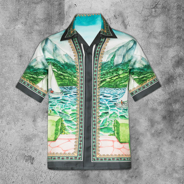 Landscape painting custom printed fashion short-sleeved shirt