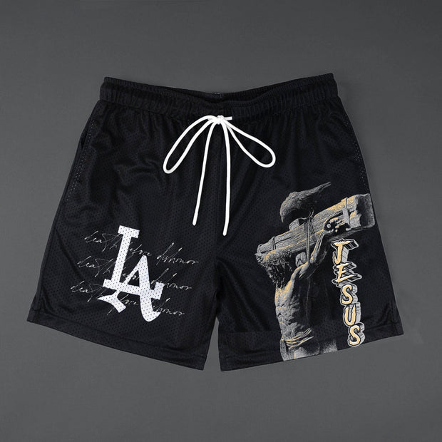 Los Angeles Jesus Print Casual Mesh Shorts