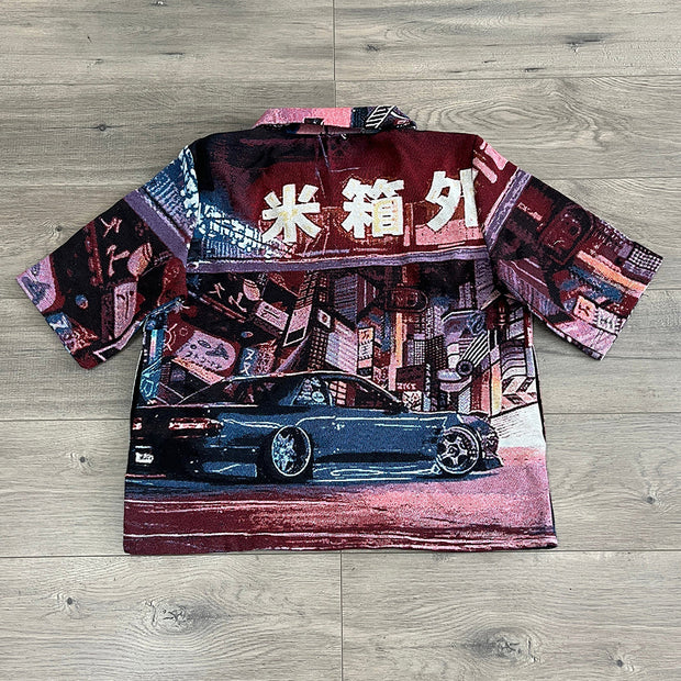 Anime Car Print Zipper Short-Sleeved Shirt Jacket