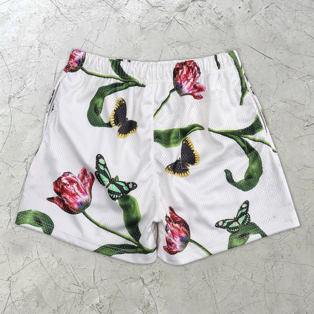 Floral Pattern Casual Retro Street Mesh Shorts