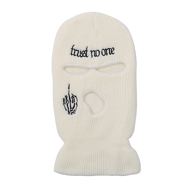 Embroidered warm letter wool hat outdoor windproof hip-hop mask head cover three-hole knitted hat