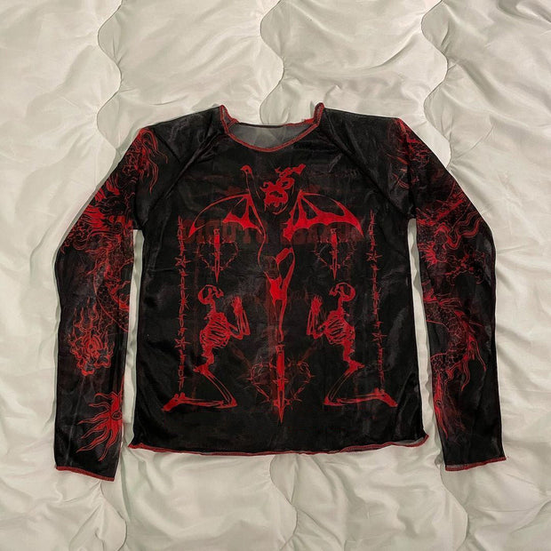 Hip-hop retro stretch see-through round neck long-sleeved T-shirt