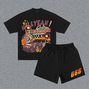 Racer No. 666 Print Short Sleeve Two Piece Set
