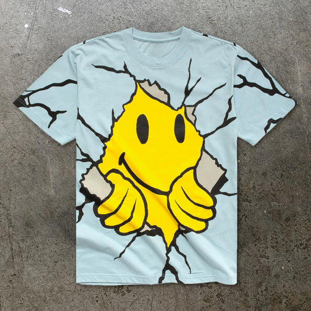 Personalized tear-off smiley face print short-sleeved T-shirt