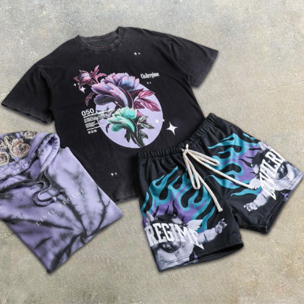 Floral Flame Graphic Print Short Sleeve Two Piece