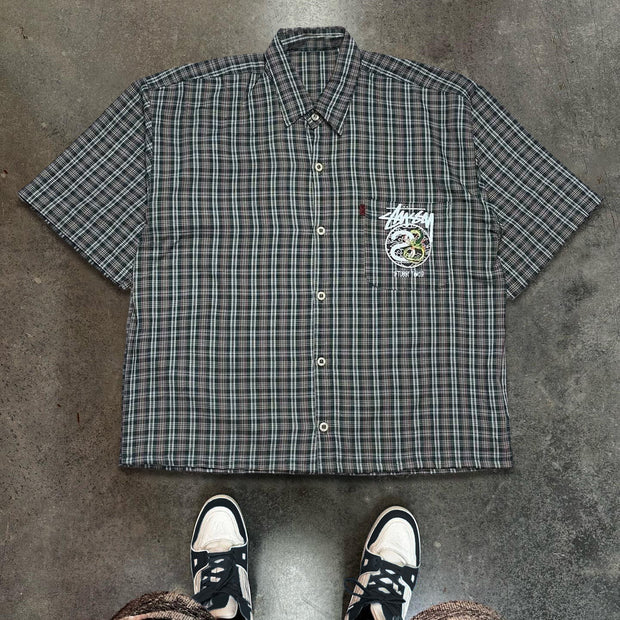 Fashion Dragon Plaid Print Button Short Sleeve Shirt