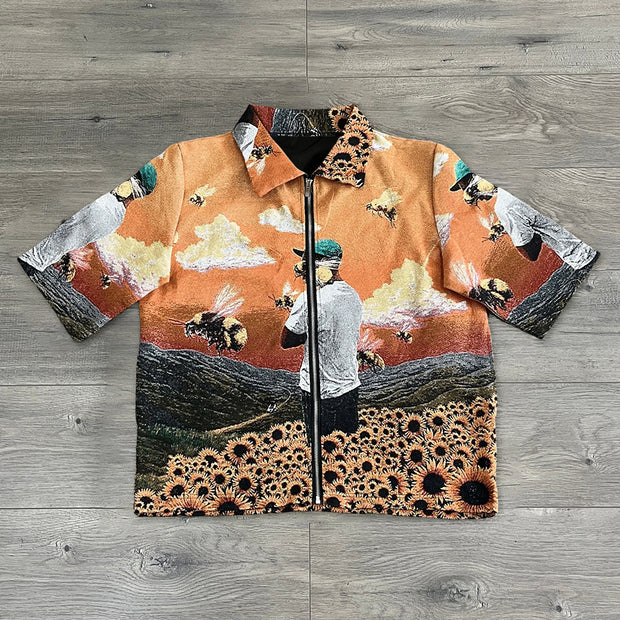 Album Print Zipper Short-Sleeved Shirt Jacket