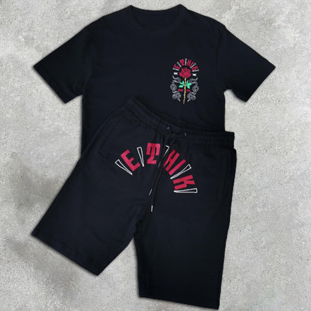 Rose Graphic Print Short Sleeve Two Piece
