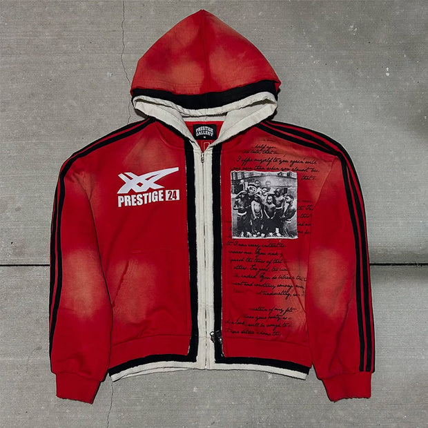 Fake Two Piece Vintage Graffiti Zip-Up Hoodie