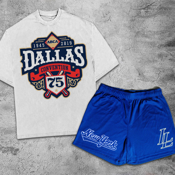 Baseball Slogan Graphic Print Short Sleeve Two Piece