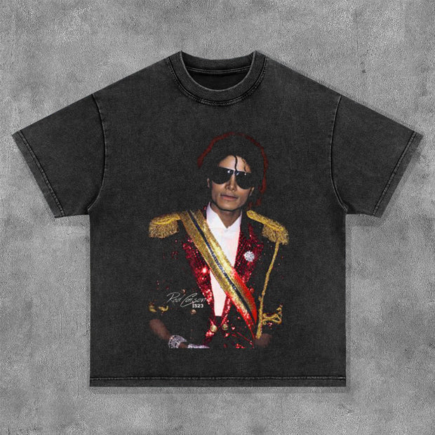 King Of Pop Print Washed Short Sleeve T-Shirt