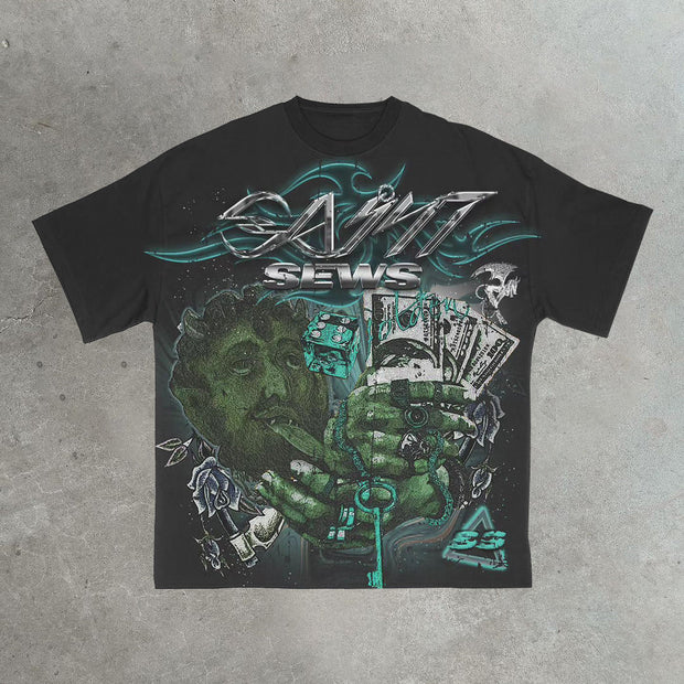 Money print casual street cotton T-shirt