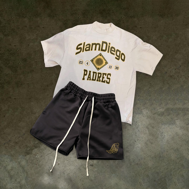 Vintage Graphic Slogan Print Short Sleeve Suit