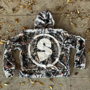 Tree camouflage lettering print zip-up hoodie