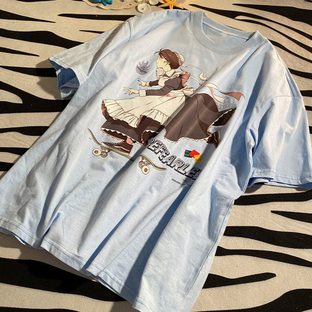 Skateboard Girl Print Casual Loose Harajuku Short Sleeve T-Shirt