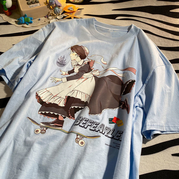 Skateboard Girl Print Casual Loose Harajuku Short Sleeve T-Shirt