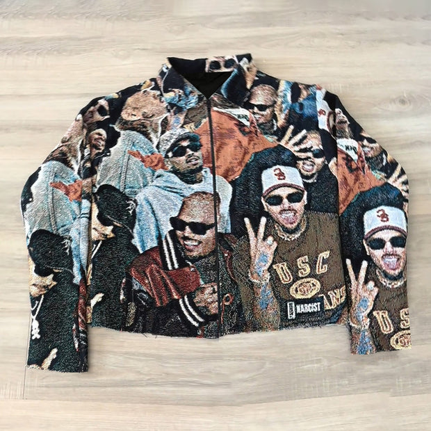 Street Style Character Print Long Sleeve Zipped Jacket