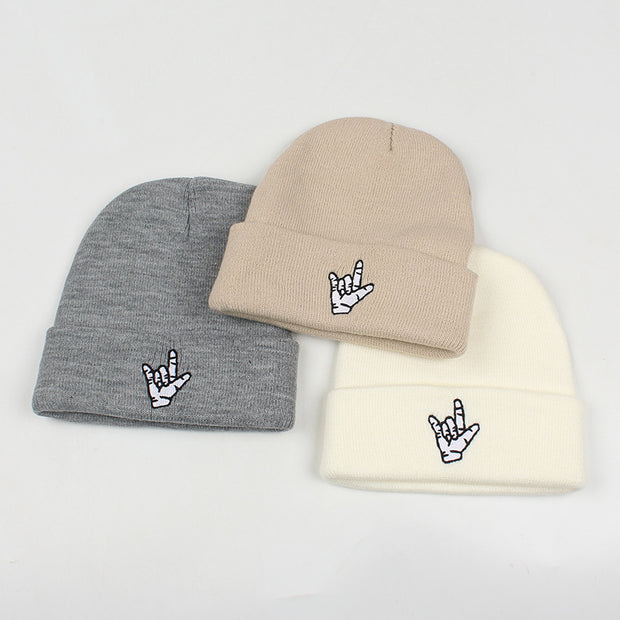 Rap gesture embroidery men's and women's knitted hat
