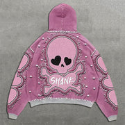 Shank Skull Faux Decal Print Long Sleeve Hoodies