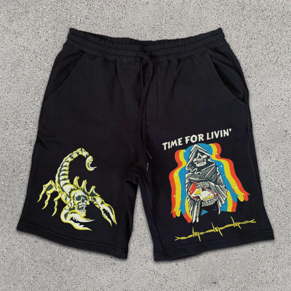 Skull and Scorpion Graphic Print Drawstring Shorts