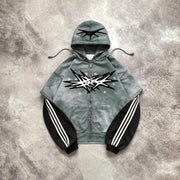 Vintage patchwork contrast zip hoodie