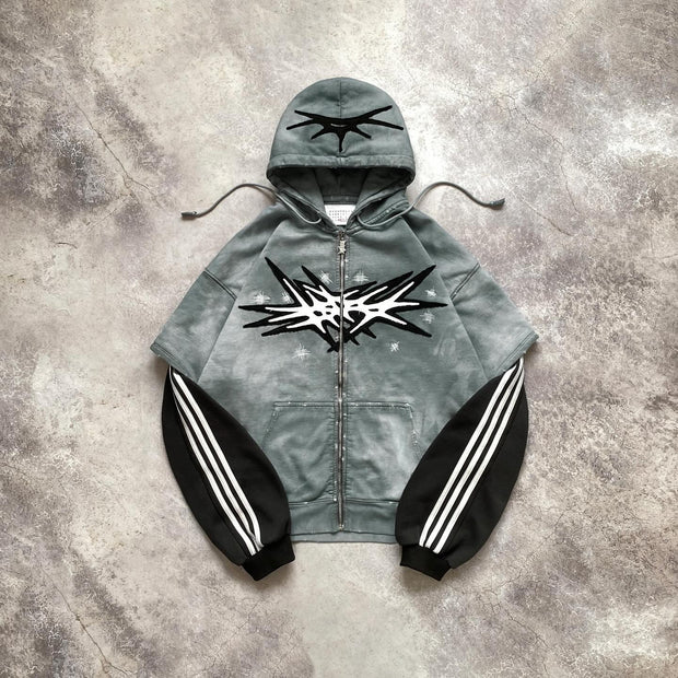 Vintage patchwork contrast zip hoodie