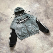 Vintage patchwork contrast zip hoodie