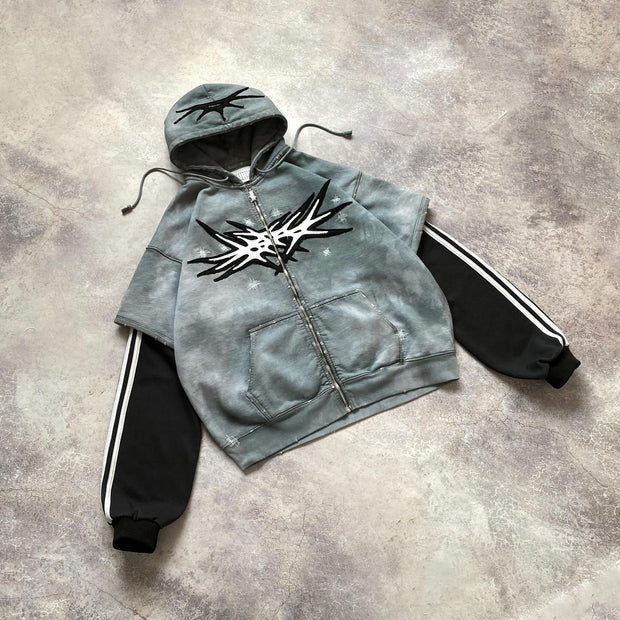 Vintage patchwork contrast zip hoodie