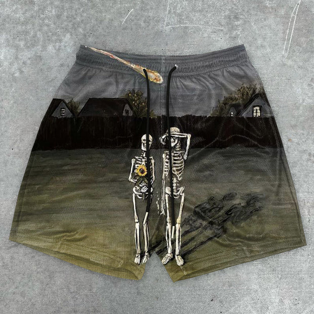 Retro Skull Street Print Shorts