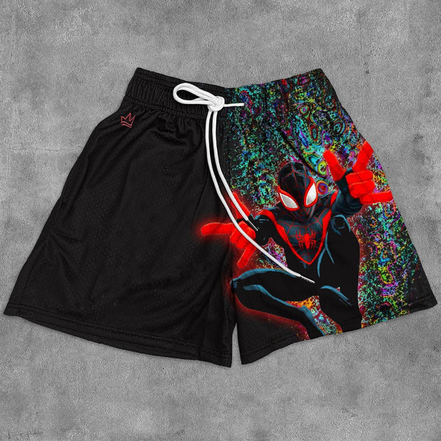Multi-element Anime Print Mesh Pocket Shorts