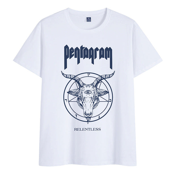 Cotton round neck literary print short-sleeved T-shirt