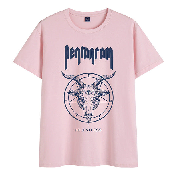 Cotton round neck literary print short-sleeved T-shirt